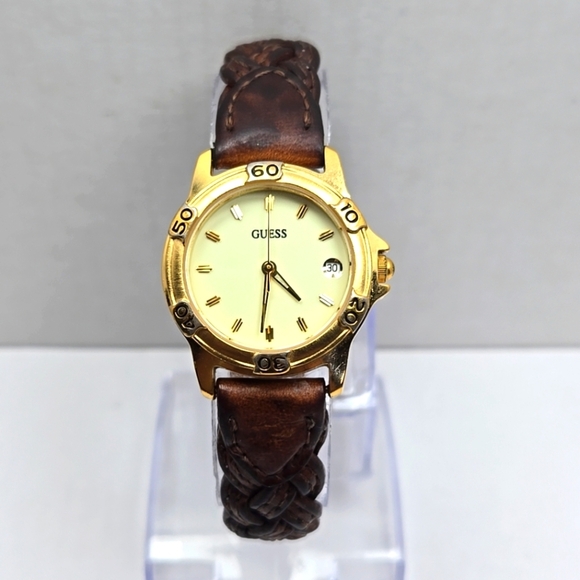 1996 Guess Watch Gold Tone Date Brown Braided Strap Vintage Style New Battery - Picture 1 of 11